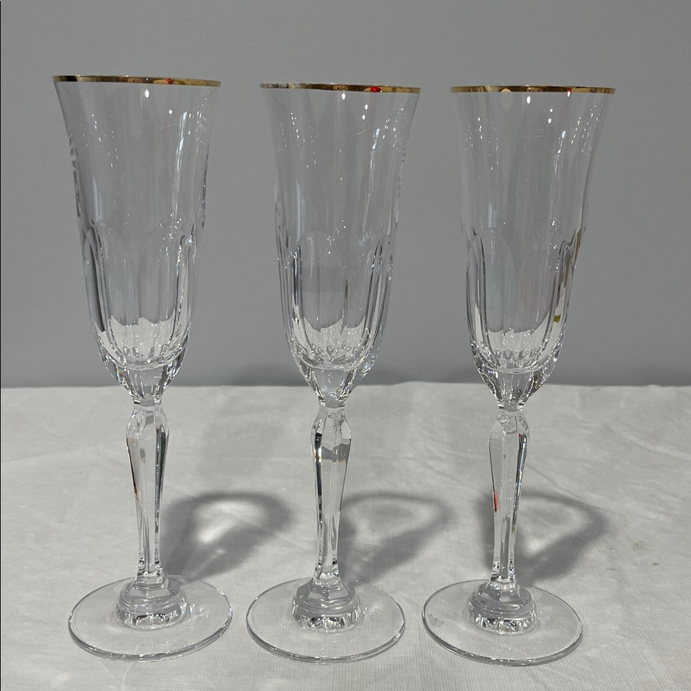 Rogaska Aulide gold rim crystal champagne flutes set of 3